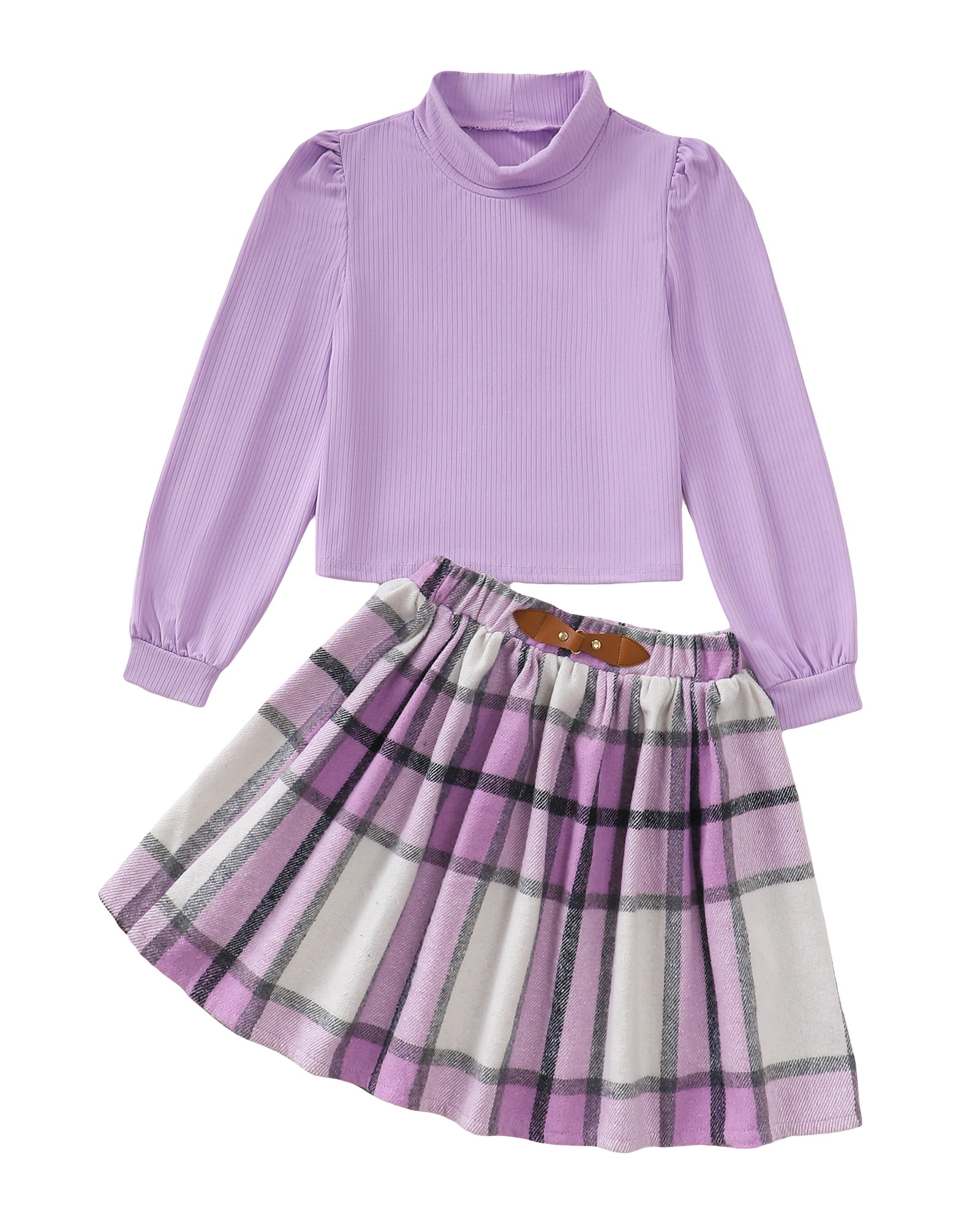 7 Years Big Girls Outfit Sets 8 Years Youth Kid Child Girl Skirt Set Pullover Long Sleeves Solid Color Knitted Top Plaid Pleated Skirts 2pcs Warm Clothing Purple