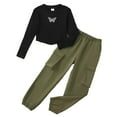 thumbnail image 1 of Kucnuzki 7 Years Big Girls Winter Clothes Set 8 Years Youth Child Kids Outfits Long Sleeves Knit Top Butterfly Print Crop Top Solid Color Cargo Pants Sets 2pcs Clothing Black 7-8Y, 1 of 9