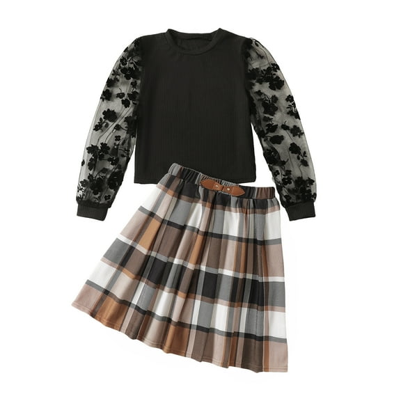 Kucnuzki 7 Years Big Girls Winter Outfit Set 8 Years Youth Girl Clothes Puff Long Sleeves Floral Pullover Top Plaid Skirt Pleated Skirts Set 2pcs Warm Clothing Kid Child Black