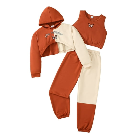 Kucnuzki 7 Years Big Girls Winter Outfits 8 Years Big Girls Clothes Sets Fashin Long Sleeves Hoodie Sweatshirt Butterfly Print Tank Top Color Block Pants 3pcs Pant Sets Orange
