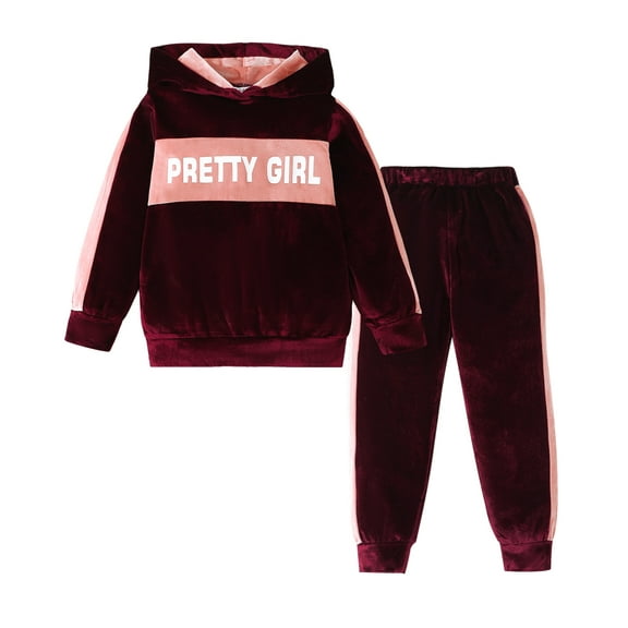 Kucnuzki 7 Years Big Girls Winter Outfits 8 Years Big Girls Warm Furry Outfits Long Sleeves Hooded Sweatshirt Letter Print Hooded Color Block Pants 2pcs Clothing Sets Red