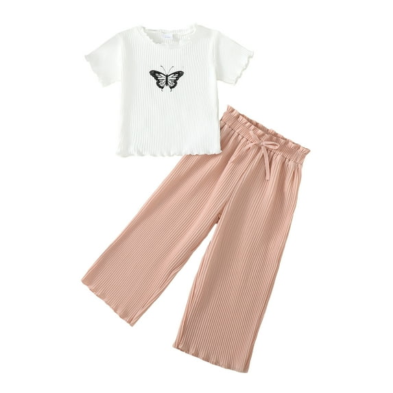 Kucnuzki 7T Little Girl Spring Summer Outfits Pants Sets 8T Little Girl Short Flare Sleeve Butterfly Prints Rib-Knitted Top Elastic Pants 2PCS Set Pink