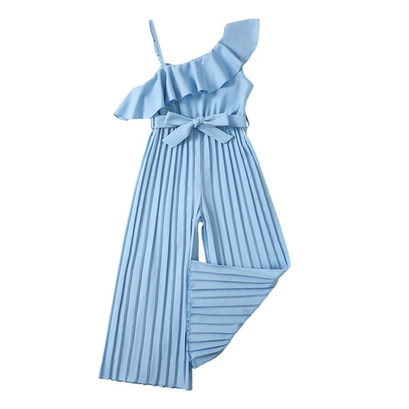 Kucnuzki 8 Years Big Girls Jumpsuit 9 Year Youth Kids Child Summer Clothes Ruffle Sleeveless One-the-shoulder Jumpsuits Bowknot Pleated Wide Leg Pants Clothing Blue