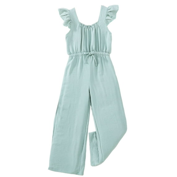Kucnuzki 8 Years Big Girls Jumpsuit 9 Year Youth Kids Child Summer Clothes Ruffle Sleeveless Solid Color One-piece Overalls Wide Leg Pants Casual Clothing Green