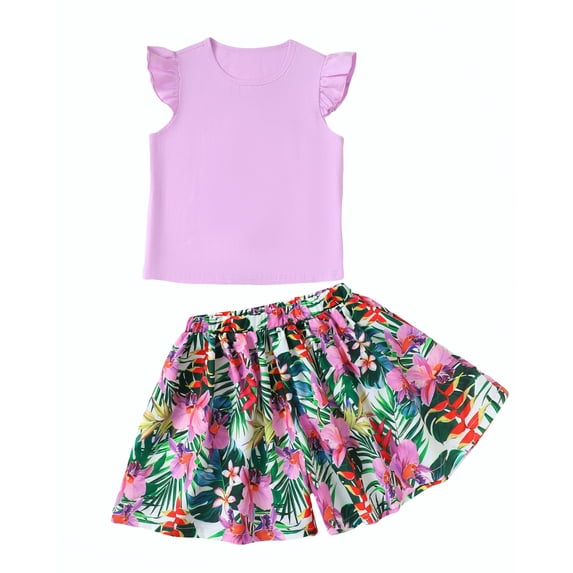Kucnuzki 8 Years Big Girls Outfits 9 Years Youth Child Kids Summer Clothes Sets Ruffle Sleeveless Solid Color Tank Top Floral Shorts Set 2pcs Clothing Purple