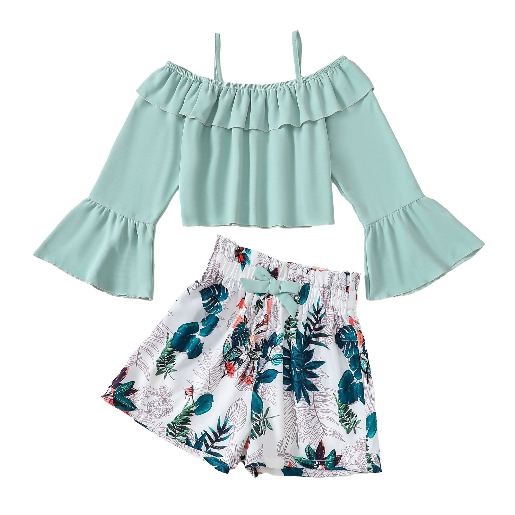 8 Years Big Girls Summer Clothes 9 Years Youth Child Kids Outfits Ruffle Long Sleeves Off the Shoulder Crop Top Bow Floral Shorts Sets 2pcs Clothing Green
