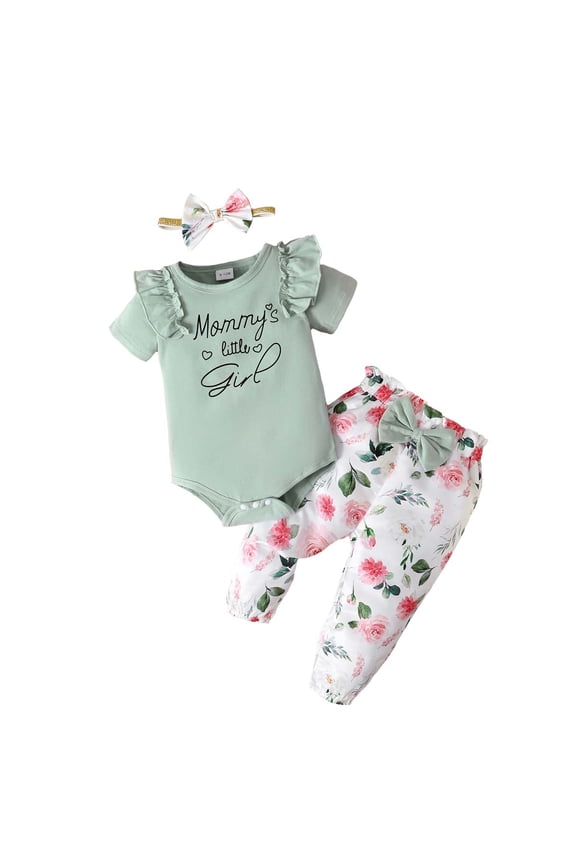9 Months Baby Girl Summer Outfits Pants Sets 12 Months Short Sleeve Mommy's Little Girl Prints One-pieces Rompers Tops Elastic Floral Pants Headband 3PCS Set Green