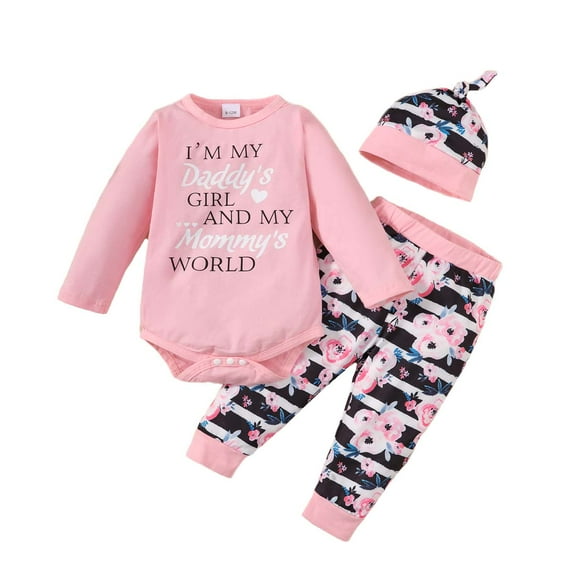 Kucnuzki 9 Months Baby Girl Winter Outfits Pants Sets 12 Months Long Sleeve Cute Letter Prints Romper Elastic Striped Panel Floral Prints Pants Hat 3PCS Set Pink
