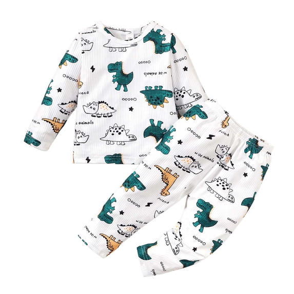 Kucnuzki 9 Months Newborn Baby Boy Winter Outfits Pants Sets 12 Months Long Sleeve Colorful Dino Prints Sweatshirt Elastic Pants 2PCS Set White
