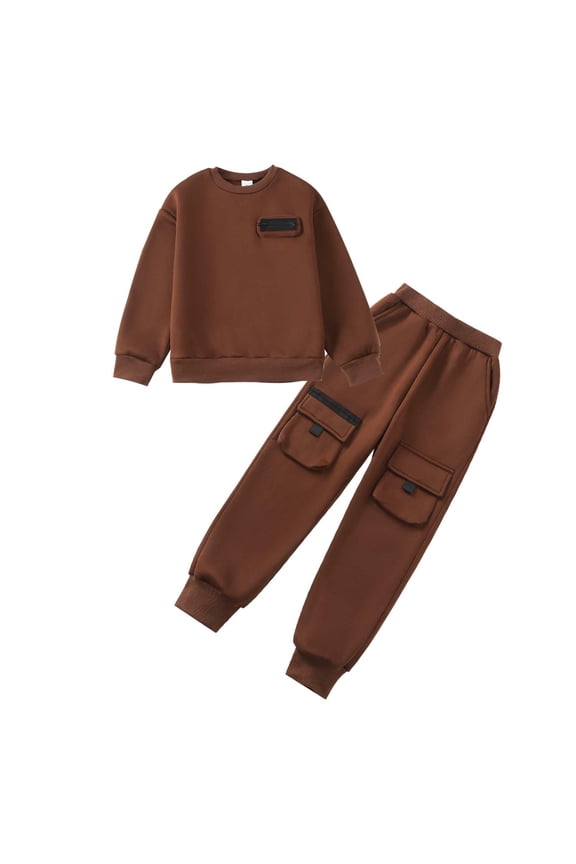 9 Years Big Boys Outfit Set 10 Years Tween Boy Pants Sets Long Sleeves Pullover Sweatshirt Top Pockets Sweatpants 2pcs Clothing Brown