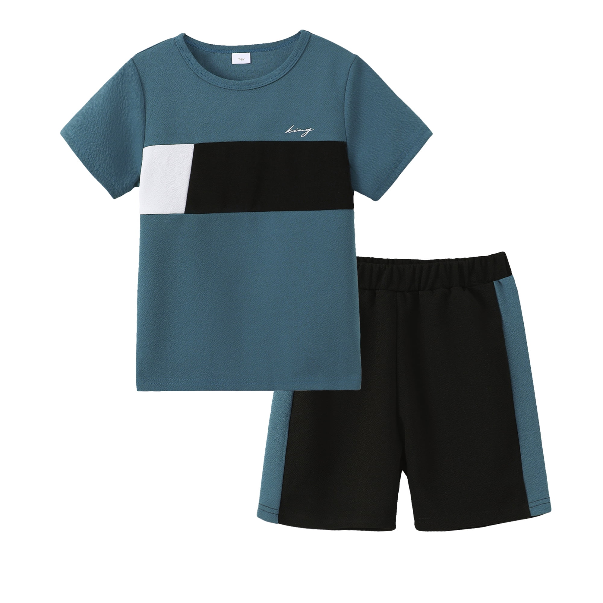 9 Years Big Boys Outfits 10 Years Kids Summer Clothes Sets Short Sleeves T-shirt Color Block Pullover Top Shorts Sets 2pcs School Wear Blue 9-10 Years