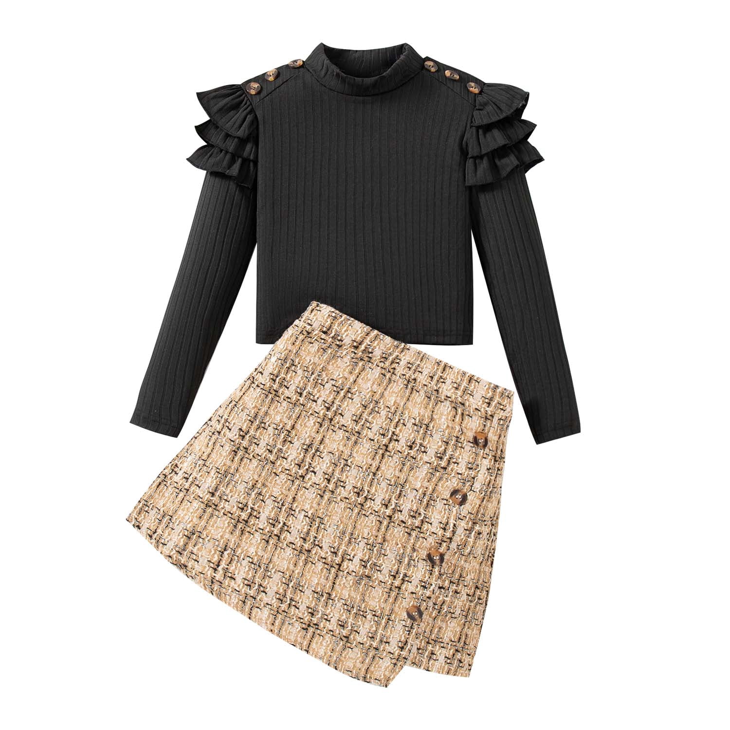 9 Years Big Girls Outfits 10 Years Tween Girl Skirt Set Ruffle Long Sleeves Knitted Top Plaid Tweed Skirt Fall Winter Clothes Black