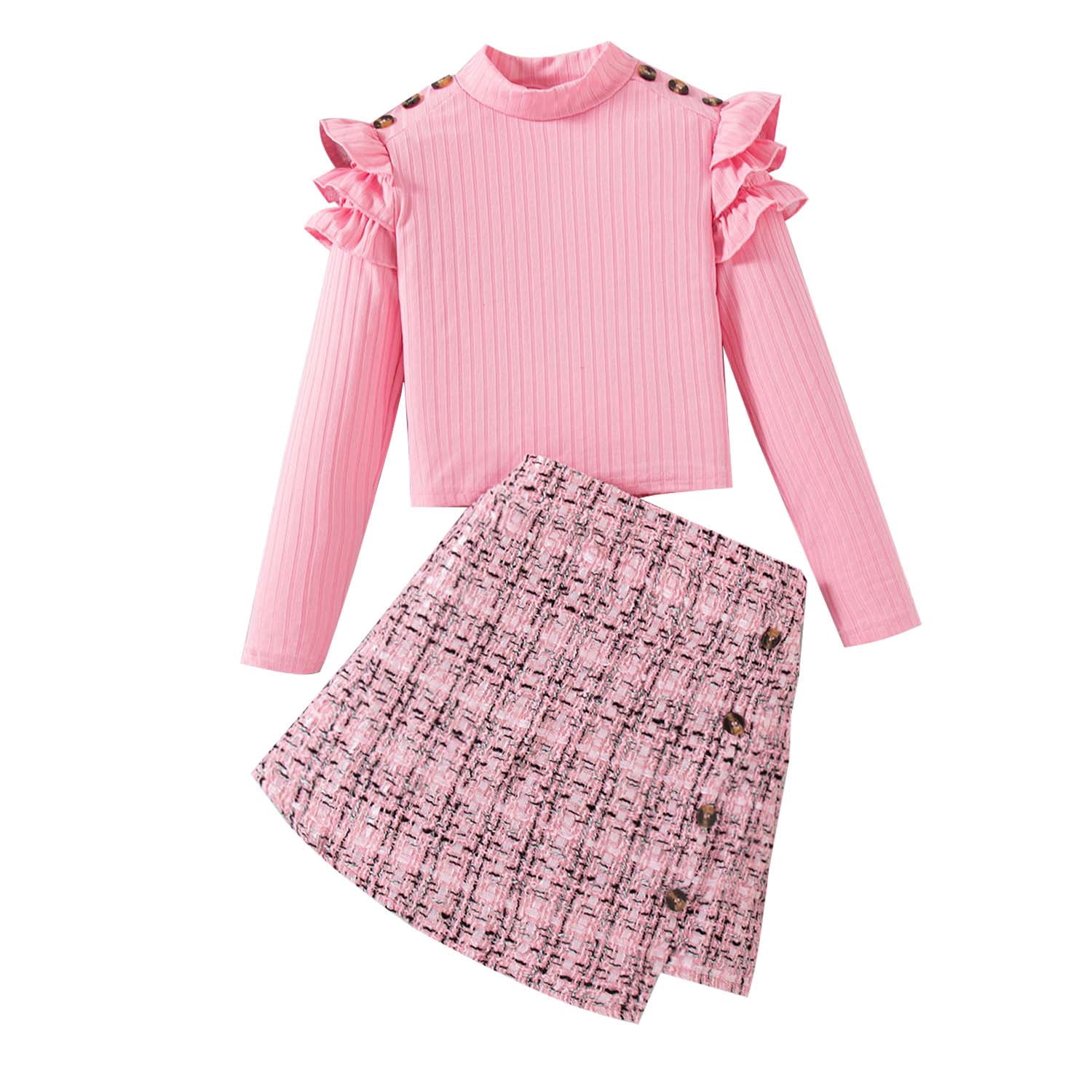 9 Years Big Girls Outfits 10 Years Tween Girl Skirt Set Ruffle Long Sleeves Knitted Top Plaid Tweed Skirt Fall Winter Clothes Pink