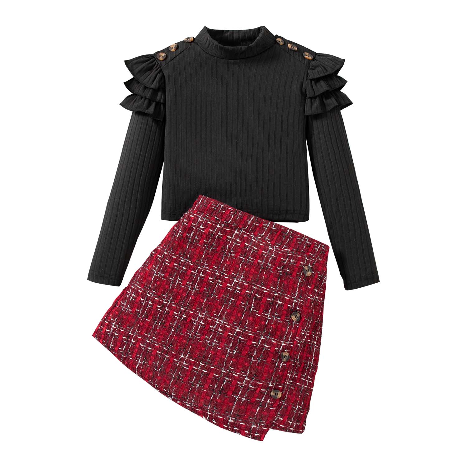 9 Years Big Girls Skirt Set 10 Years Tween Girl Outfits Ruffle Long Sleeves Pullover Knitted Top Plaid Skirt Button 2Pcs Clothes Red