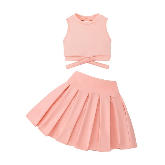 Kucnuzki 9 Years Big Girls Summer Outfits 10 Years Skirt Sets Sleeveless Solid Color Tank Top Waist Baring Top Pleated Skirt Sport Clothes Set 2pcs Pink