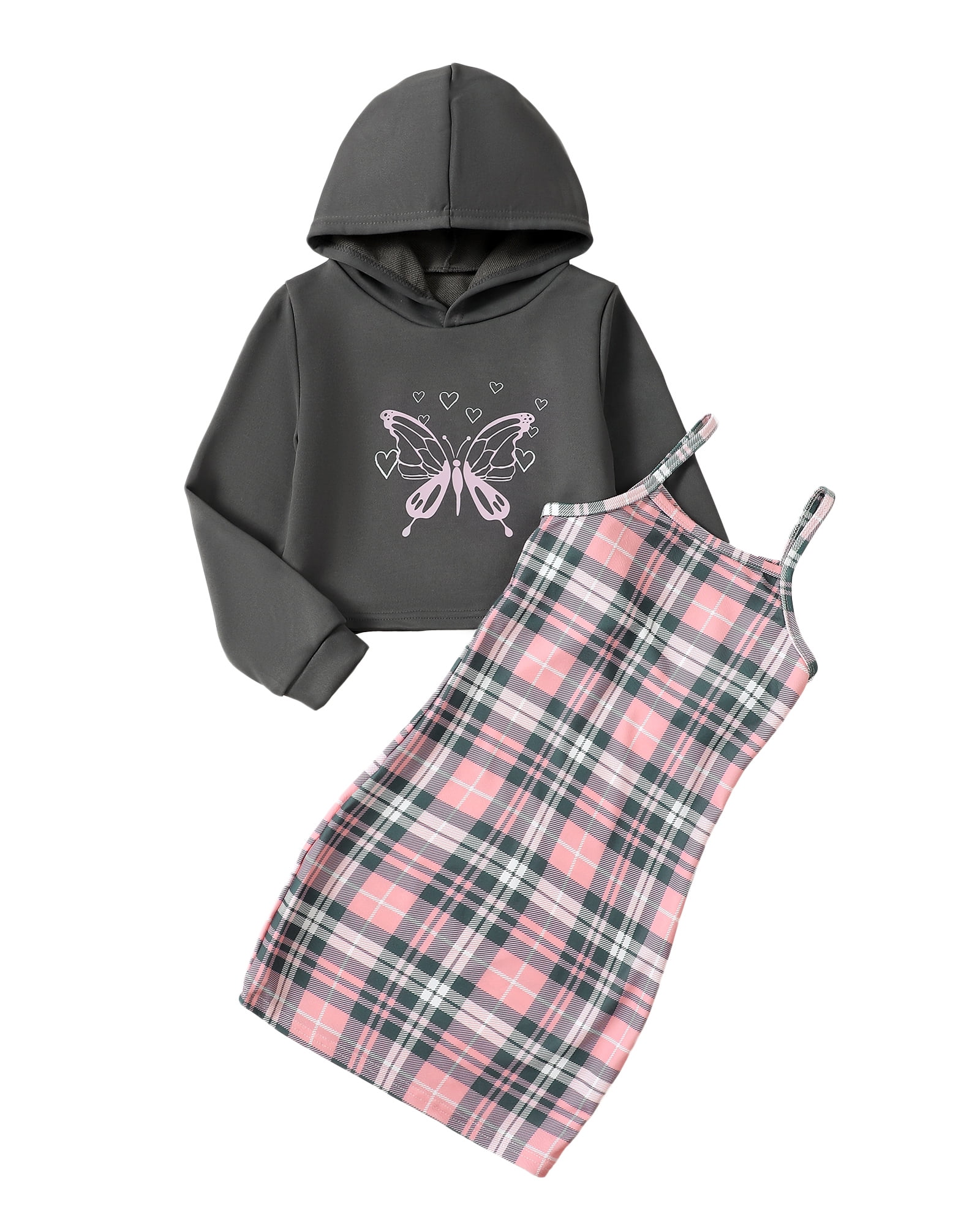 9 Years Big Girls Wimter Outfits 10 Years Youth Tween Kids Skirt Sets Sleeveless Plaid Print Slim Dress Long Sleeves Butterfly Print Hooded Top 2pcs Clothing Gray
