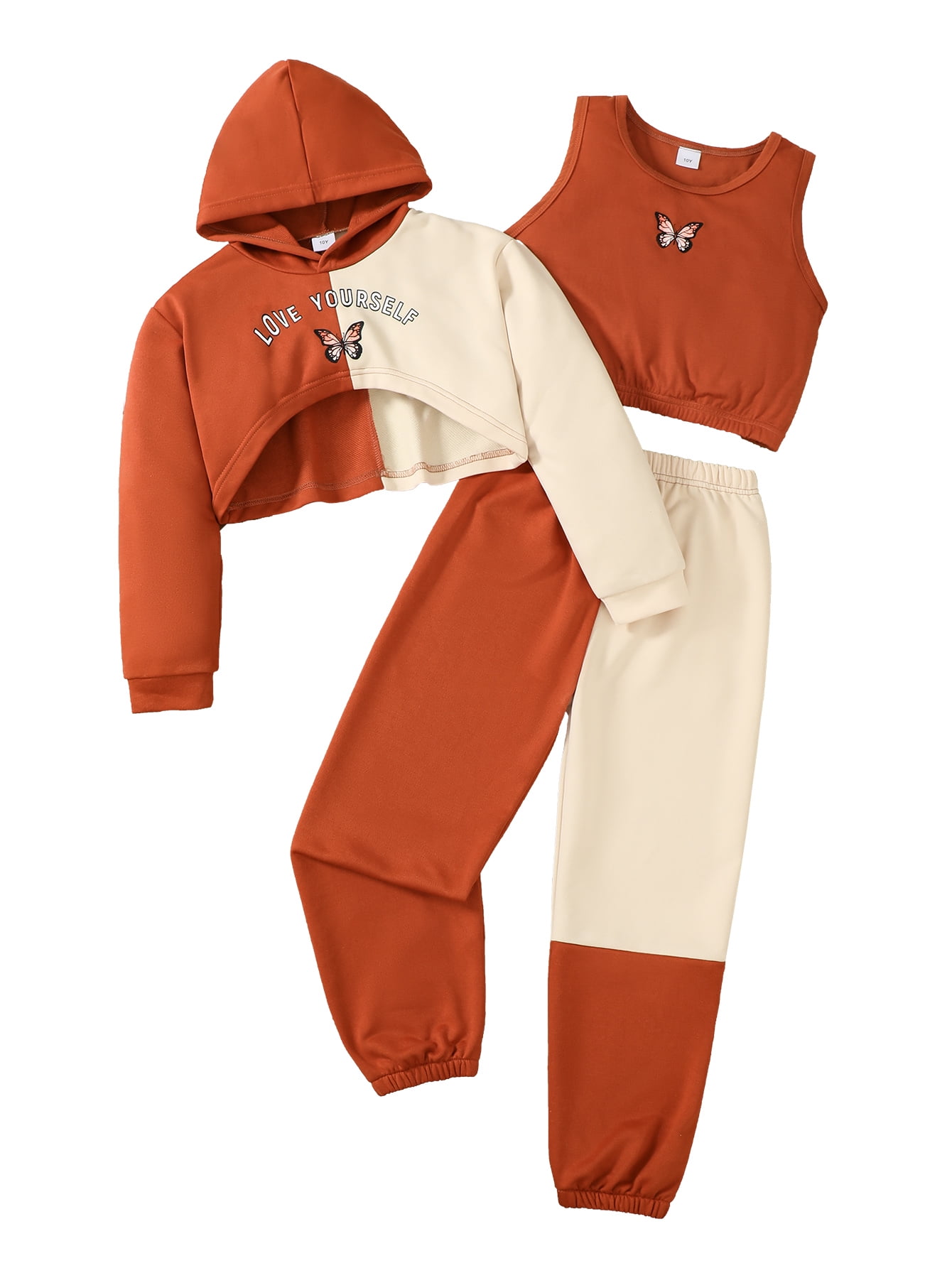 9 Years Big Girls Winter Outfits 10 Years Big Girls Clothes Sets Fashin Long Sleeves Hoodie Sweatshirt Butterfly Print Tank Top Color Block Pants 3pcs Pant Sets Orange