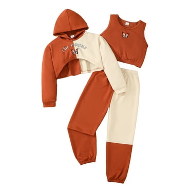 Kucnuzki 9 Years Big Girls Winter Outfits 10 Years Big Girls Clothes Sets Fashin Long Sleeves Hoodie Sweatshirt Butterfly Print Tank Top Color Block Pants 3pcs Pant Sets Orange
