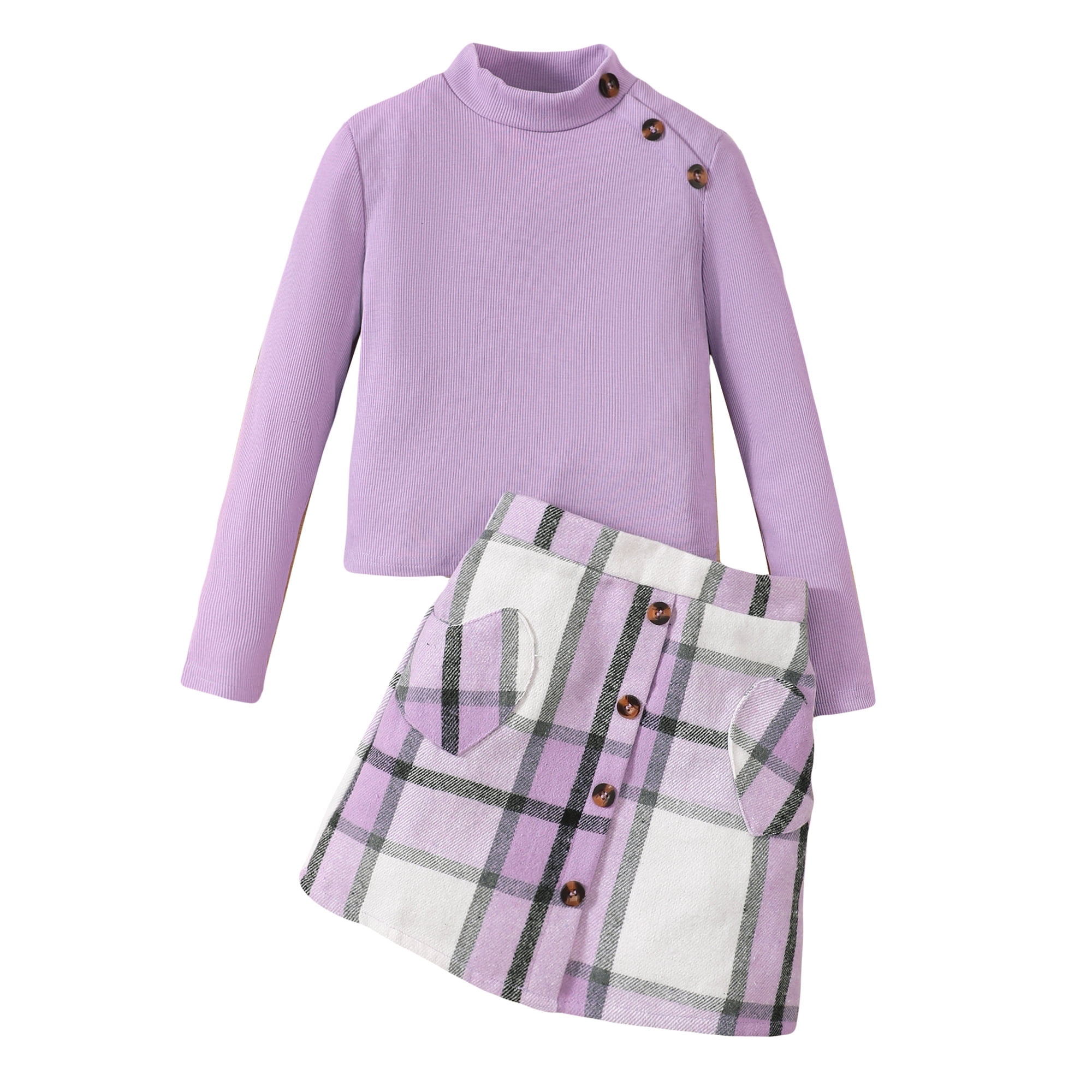9 Years Big Girls Winter Outfits 10 Years Big Girls Warm Skirt Sers High Neck Long Sleeves Pullover Top Button Knit Top Plaid Skirt with Pockets 2pcs Clothes Sets Purple
