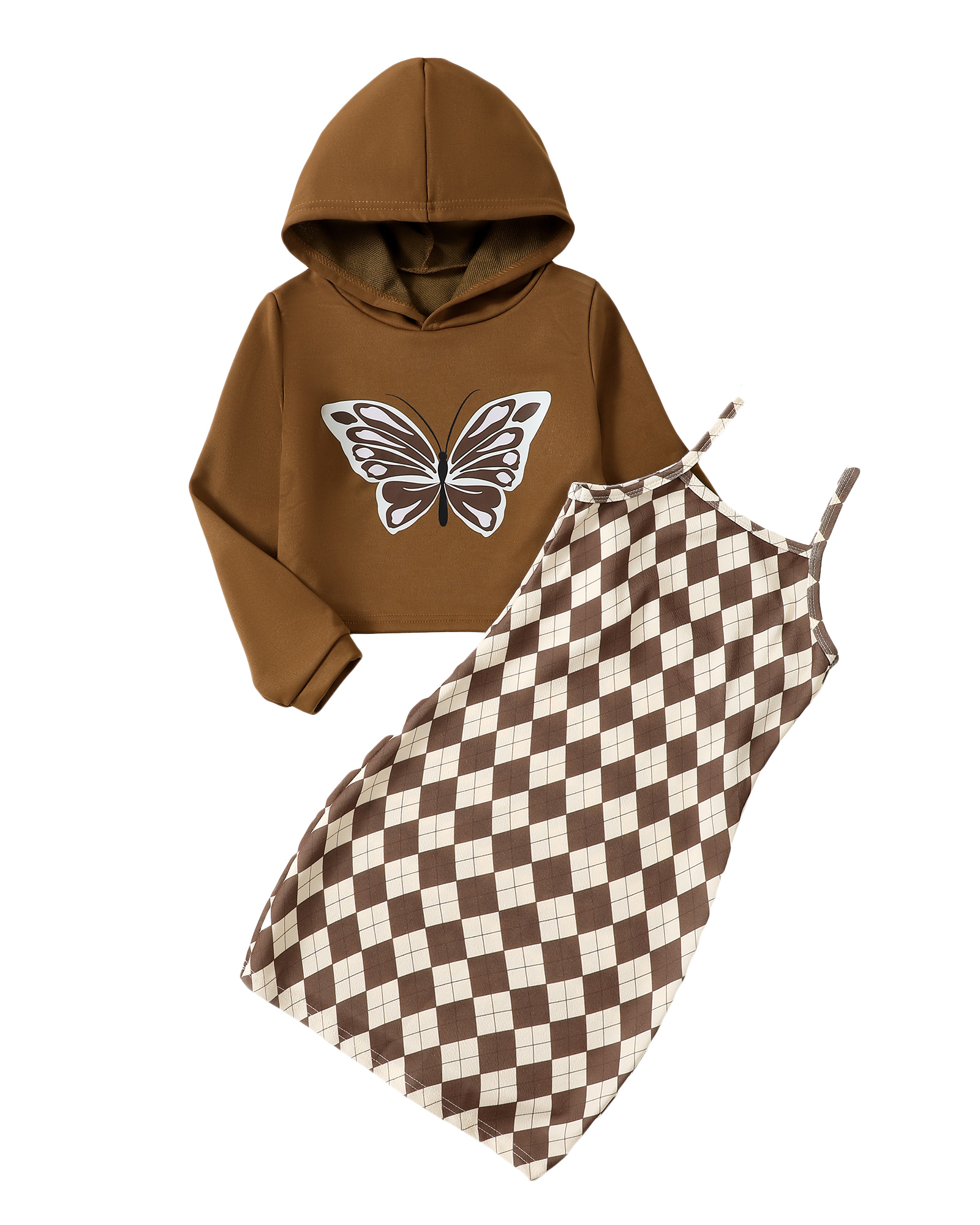 9 Years Big Girls Winter Outfits 10 Years Youth Child Kids Clothes Set Long Sleeve Butterfly Hooded Top Crop Top Sleeveless Plaid Slim Dress 2pcs Skirt Set Brown