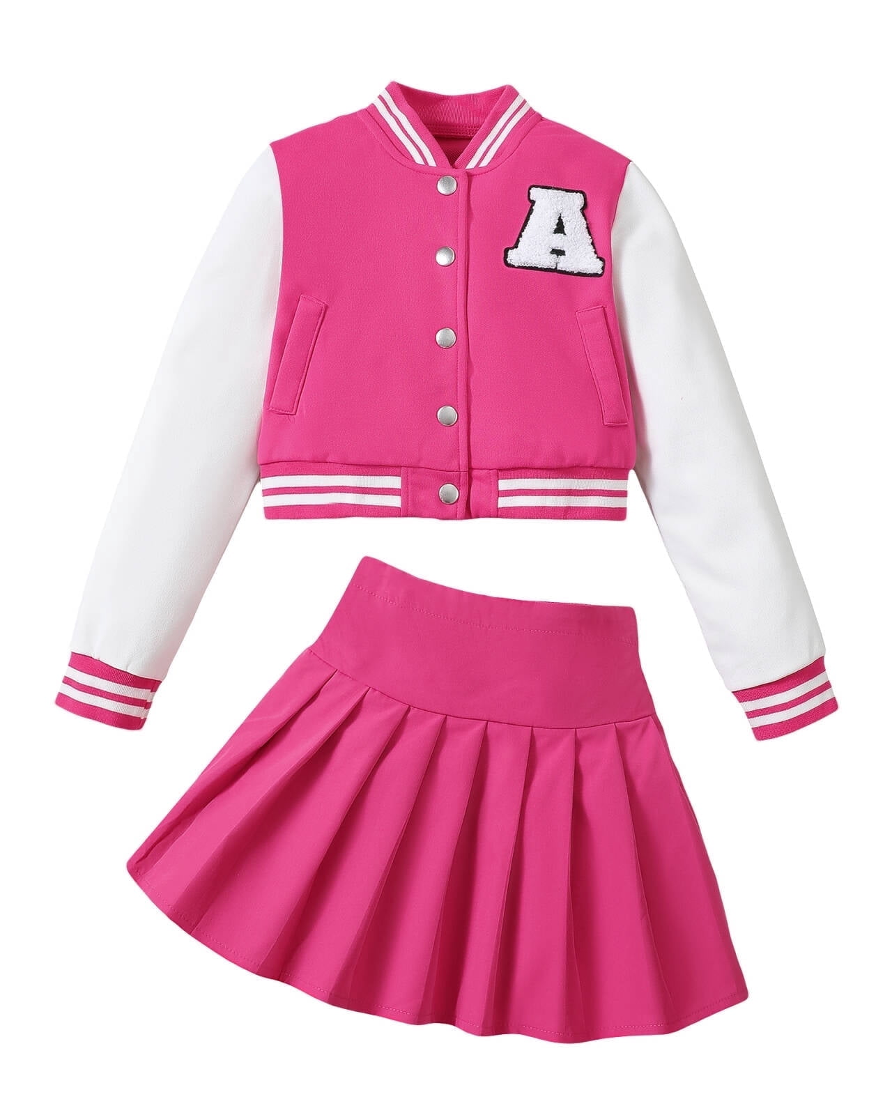 9 Years Big Girls Winter Outfits 10 Years Youth Child Kids Clothes Set Long Sleeves Letter Embroidery Baseball Lacket Color Block Coat Pleated Skirt Set 2pcs Clothing Pink