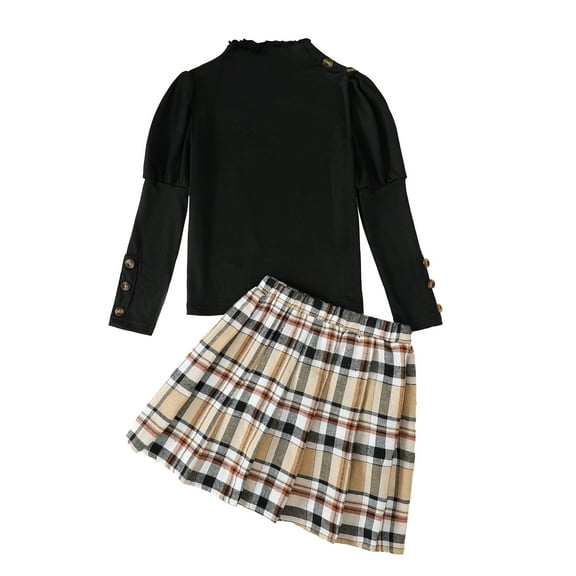 Kucnuzki 9 Years Big Girls Winter Outfits 10 Years Youth Tween Kids Clothes Puff Long Sleeves Button Knit Top Plaid Pleated Skirt Set 2pcs Warm Clothing Black