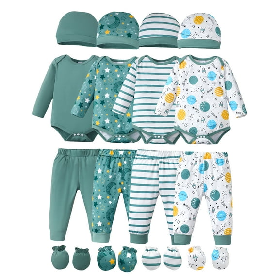 Kucnuzki Baby Layette Set Baby Boys Outfits 4 Sets Long Sleeves Romper Tops + Pants + Hats + Gloves Newborn Essentials Clothing Sets 16pcs Green 9-12 Months