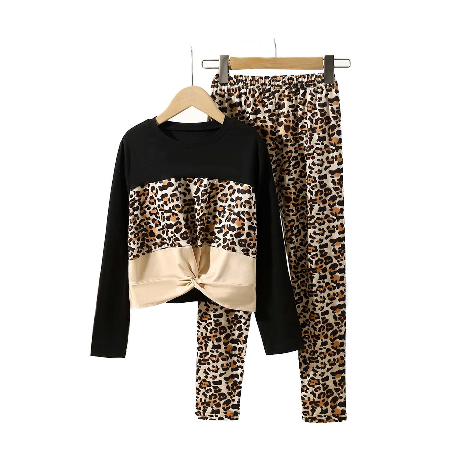 Big Girls Outfit Sets 10 Years Big Girls Pant Sets Long Sleeves Twist Tops Leopard Pants 2pcs Fall Black