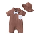 thumbnail image 1 of Kucnuzki Infant Baby Boy Clothes 12 Months Spring Summer Jumpsuit Bodysuit 18 Months Short Sleeve Gentle Stripe Prints Button-Up Collar Overall Jumpsuit Hat 2PCS Set Brown, 1 of 8