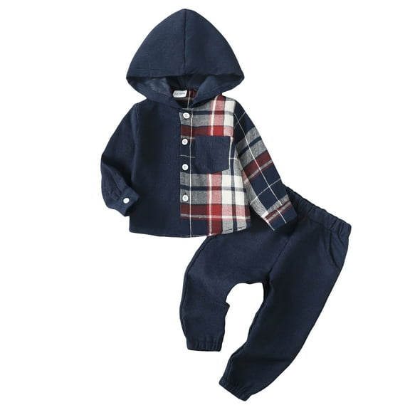 Kucnuzki Infant Baby Boy Pant Sets 12-18 Months Plaid Long Sleeve Hooded Shirt Top Solid Color Pants 2pcs Outfits Blue