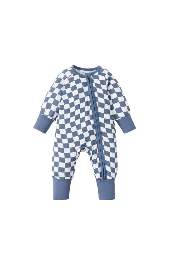 Infant Baby Boys Bodysuits 12-18 Months Winter Warm Clothing Long Sleeves Romper Checkboard Plaid Print Jumpsuits Zipper Up One-piece Overalls Blue