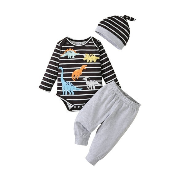 Kucnuzki Infant Baby Boys Outfit Set 12-18 Months Kid Fall Winter Clothes Long Sleeves Dinosaur Romper Top Drawstring Solid Color Pants Sets with Hat 3pcs Clothing Black