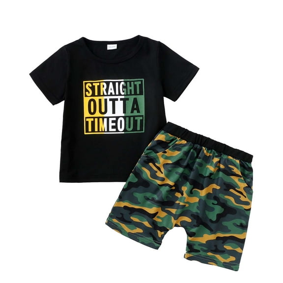 Kucnuzki Infant Baby Boys Outfit Sets Summer Letter Print Short Sleeves Tops Camouflage Shorts 2PCS Short Sets Black 18-24 Months
