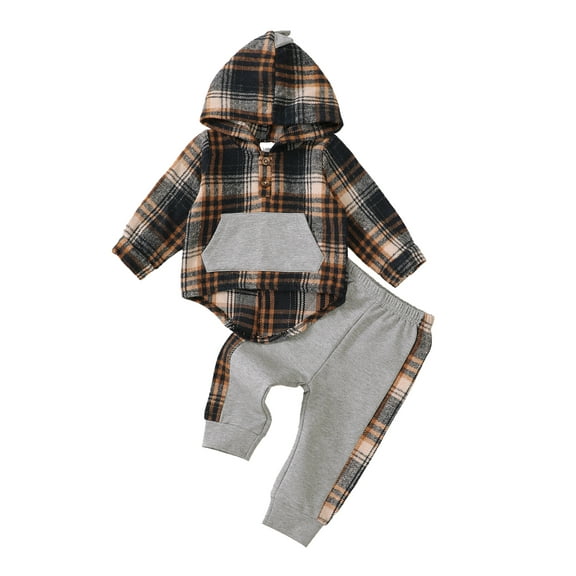 Kucnuzki Infant Baby Boys Pant Sets 18-24 Months Fall Winter Outfits Long Sleeves Plaid Hooded Shirt Top Dinosaur Top with Pocket Sweatpants 2pcs Sets Gray