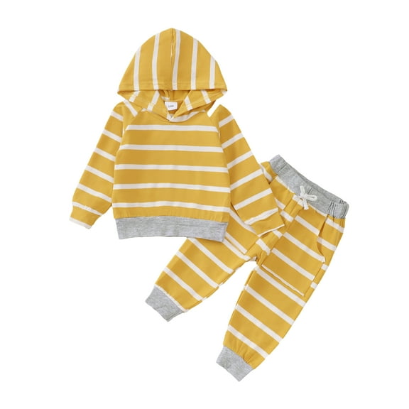 Kucnuzki Infant Baby Boys Pant Sets Fall Long Sleeves Hooded Top Elastic Striped Pants 2pcs Outfits Fall Yellow 18-24 Months