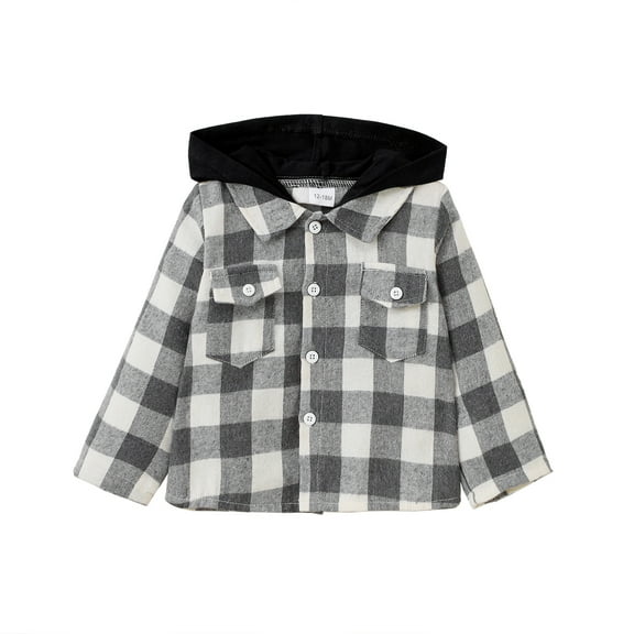 Kucnuzki Infant Baby Boys Shirt Tops Long Sleeves Plaid Hooded Tops Button Down Black 12-18 Months