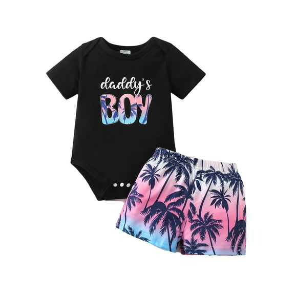 Kucnuzki Infant Baby Boys Summer Clothes Sets 12-18 Months Casual Outfits Short Sleeves Romper Letter Print Top Coconut Palm Shorts Sets 2pcs Holiday Clothing Black