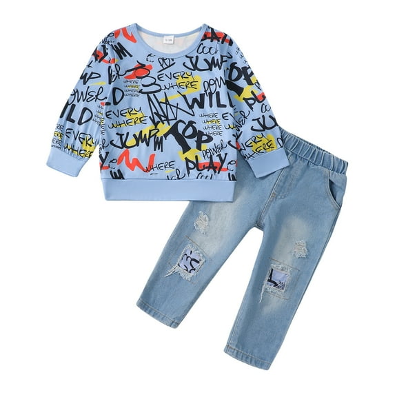 Kucnuzki Infant Baby Boys Winter Outfits 18-24 Months Warm Clothes Sets Long Sleeves Pullover Sweatshirt Letter Graffiti Print Top Ripped Denim Pants Jeans 2pcs Pant Sets Blue