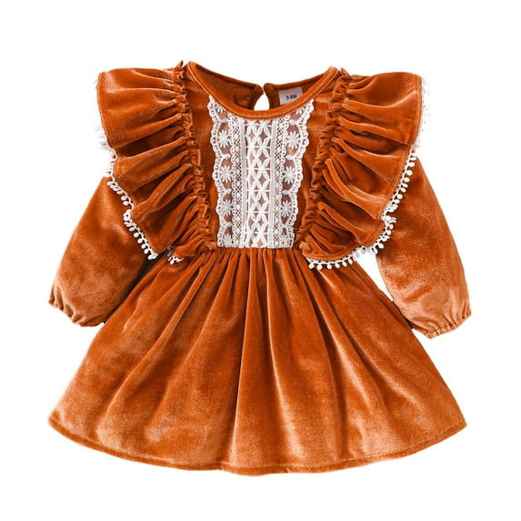 Kucnuzki Infant Baby Girl Clothes 12 Months Fall Winter Dress 18 Months Long Sleeve Lace Trims Stitching Solid Color Dress Orange 12-18 Months