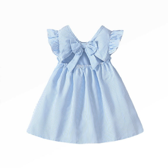 Kucnuzki Infant Baby Girl Clothes 12 Months Spring Summer Dress 18 Months Fly Sleeve Stripe Prints Wide Neck Waist Design Sundress Blue 12-18 Months
