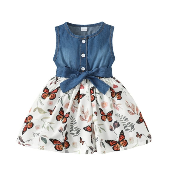Kucnuzki Infant Baby Girl Clothes 12 Months Spring Summer Dress 18 Months Sleeveless Denim Upper Butterfly Prints Hemline Waist Design Sundress Blue 12-18 Months
