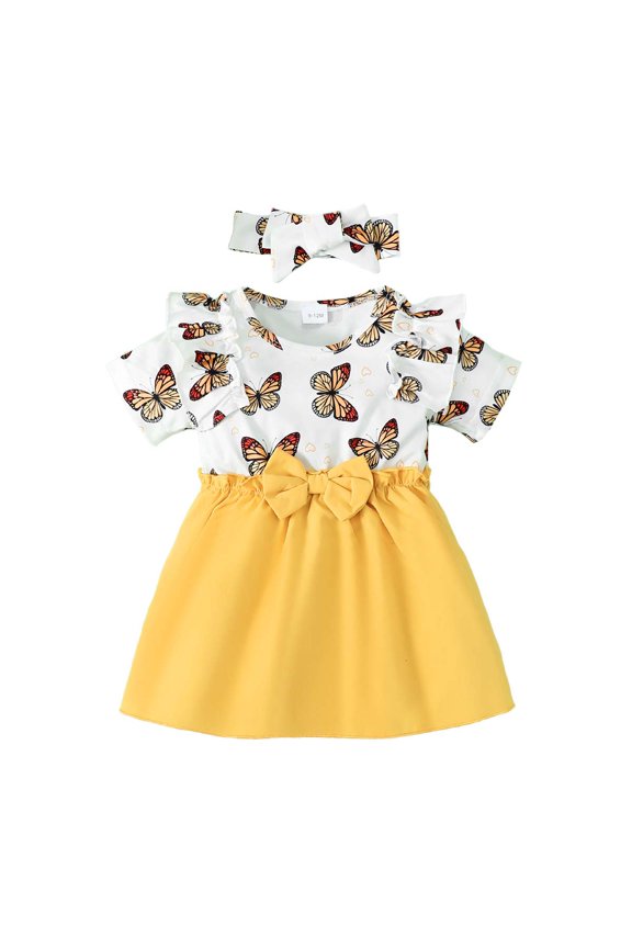 Infant Baby Girl Clothes 12 Months Summer Dress 18 Months Short Sleeve Butterfly Prints Upper Solid Color Hemline Drees Headband 2PCS Set Yellow