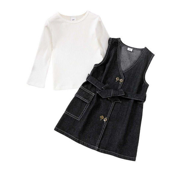 Kucnuzki Infant Baby Girl Clothes 18 Months Fall Winter Dress 24 Months Long Sleeve Solid Color Pull-Over + V Neck Sleevess Sundress 2PCS Set Black
