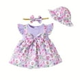 thumbnail image 1 of Kucnuzki Infant Baby Girl Clothes 18 Months Spring Summer Dress 24 Months Fly Sleeve Fake-Camisole Stitching Floral Prints Dress Hat&Headband 3PCS Set Purple 18-24 Months, 1 of 5