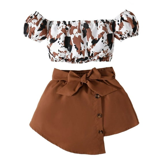 Kucnuzki Infant Baby Girl Clothes 3T Summer Skirt Sets 4T Short Bubble Sleeve Camouflages Prints One-Shoulder Crops Top Elastic Irregular Skirt 2PC Sets Brown