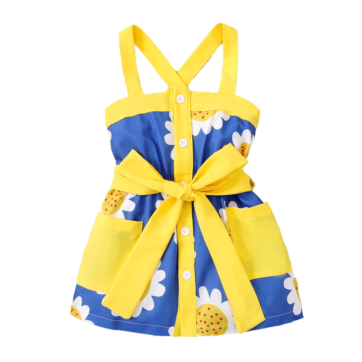 Kucnuzki Infant Baby Girl Clothes 4T Summer Dress 5T Sling Sunflower Prints BeltTie Overall