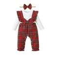 thumbnail image 1 of Kucnuzki Infant Baby Girl Romper 12-18 Months Ruffle Long Sleeves Bodysuit Bowknot Plaid Fake 2pcs Romper + Headband Red, 1 of 10