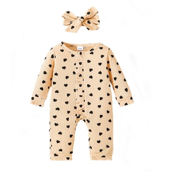 Kucnuzki Infant Baby Girls Bodysuits 12-18 Months Baby Girls Winter Warm Clothing Round Neck Long Sleeves Romper Hearts Print Knit One-piece Jumpsuits with Headband 2pcs Apricot
