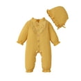 thumbnail image 1 of Kucnuzki Infant Baby Girls Bodysuits 12-18 Months Long Sleeves Romper Solid Color One-piece Jumpsuits Button Pleated Overalls with Hat 2pcs Fall Winter Clothes Yellow, 1 of 8