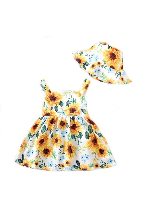 Infant Baby Girls Dress 12-18 Months Halter Backless Sleeveless Flower Sundress Summer Dresses with Hat 2pcs Summer Clothes Yellow